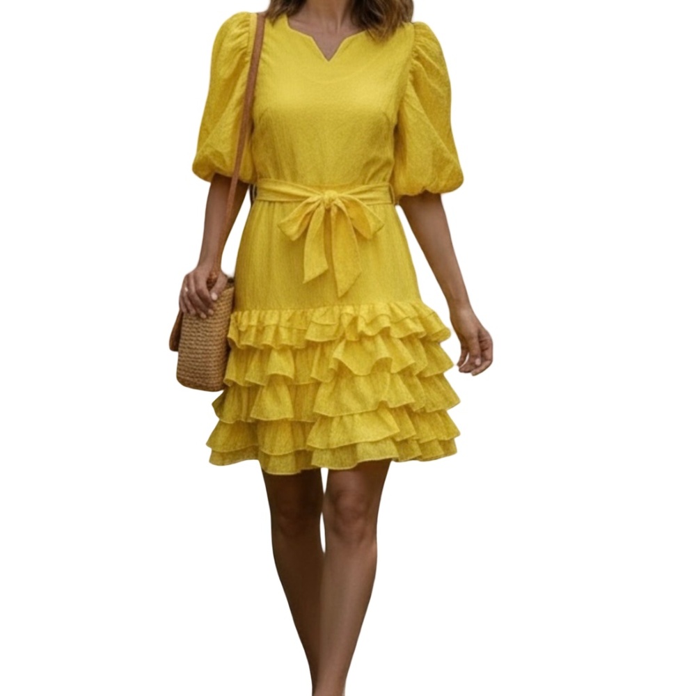 #A127 Nancy New York Yellow feminine flirty Puff Sleeve Ruffle Dress NWT  L